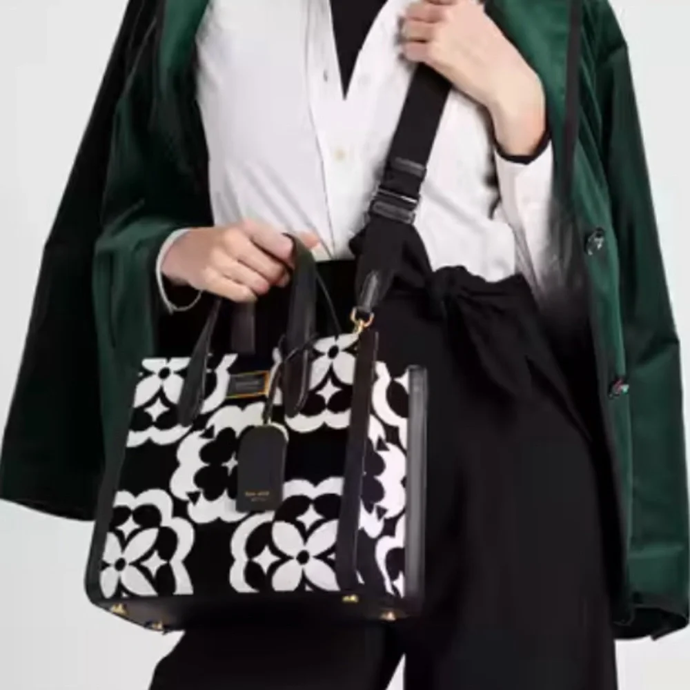 Kate Spade Manhattan Spade Flower Monogram Chenille Small Tote Black Cream Gold - Picture 15 of 15